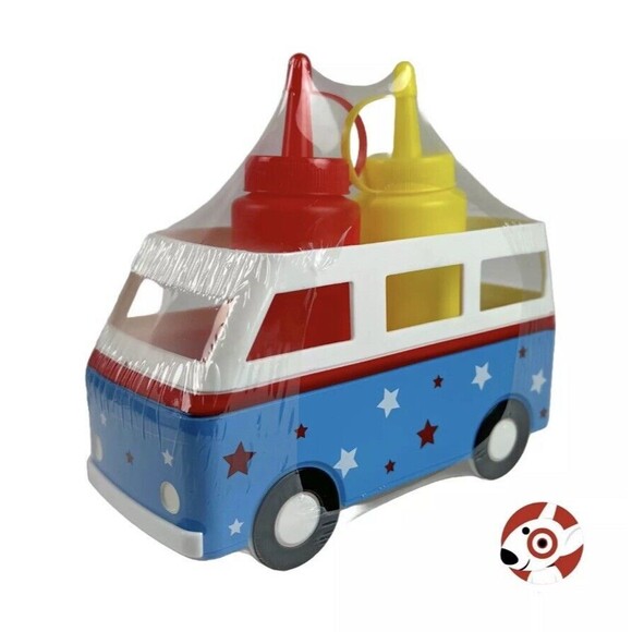 Target Bullseye Patriotic Picnic Mustard and Ketchup Caddy Set Truck Bottles NEW - Picture 1 of 9